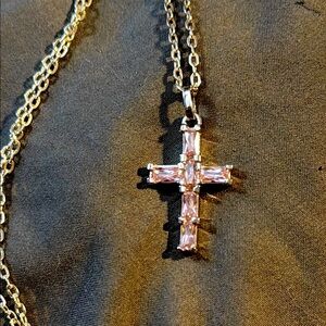 Elegant Silver and Pink Cross Pendant Necklace